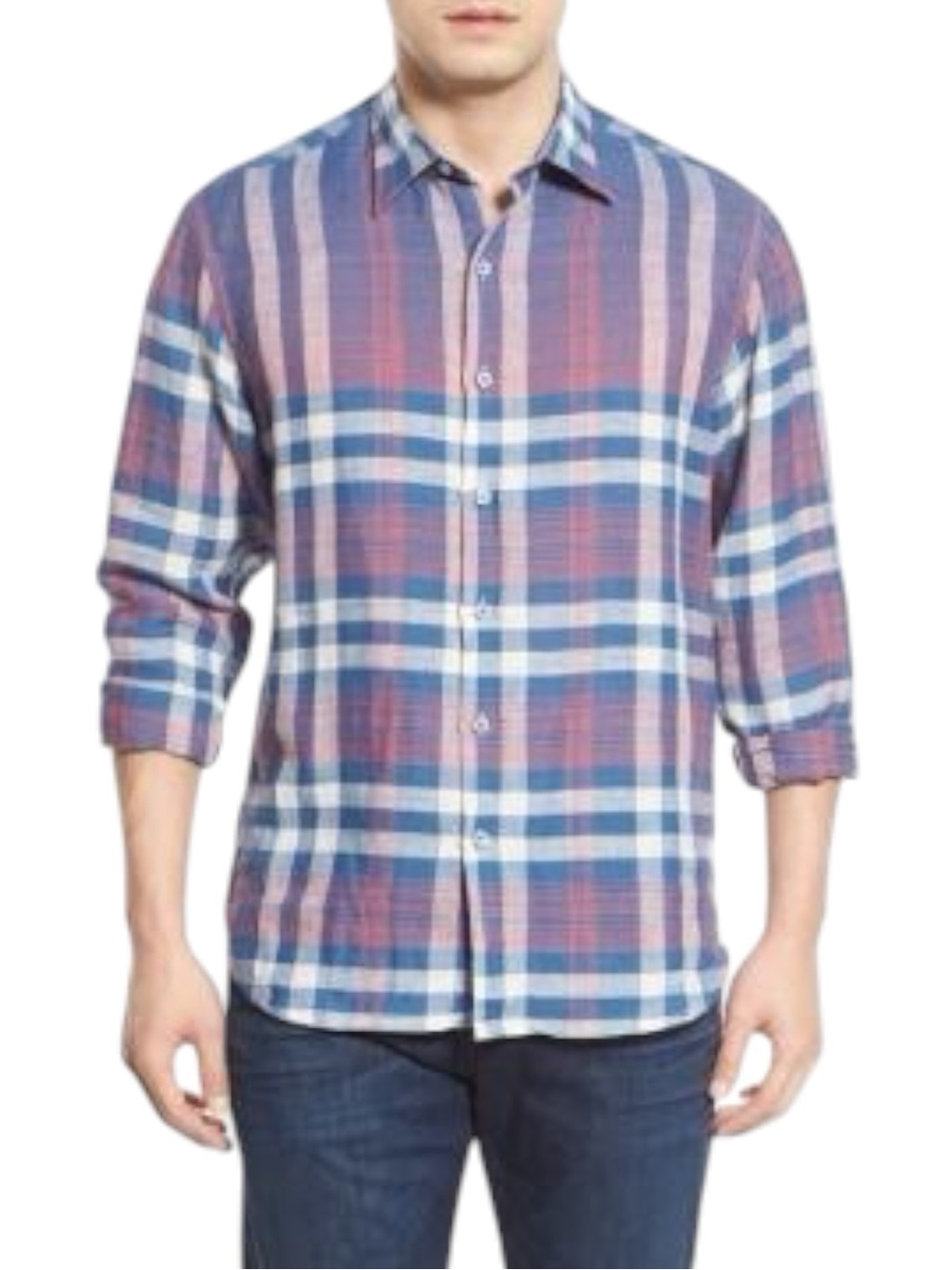 Tommy Bahama Blue/White/Pink Plaid Linen/Cotton Button Up Shirt (L)